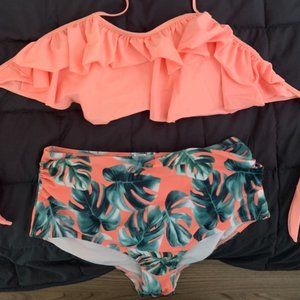 Coral Ruffled High Waisted Bikini - Size M